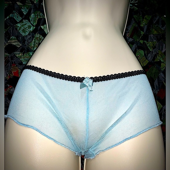 True Vintage mid 90s sheer Baby Blue & Black Lace Trim Peekaboo Bootie Shorts - Picture 1 of 3